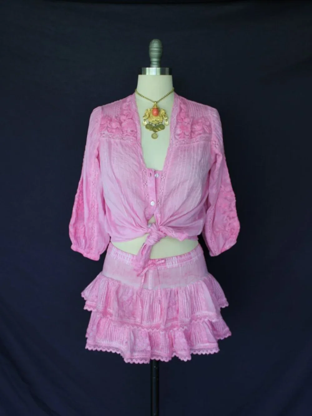 Muche & Muchette Coquette Skort skirt & top dress set blouse Pink embroidered